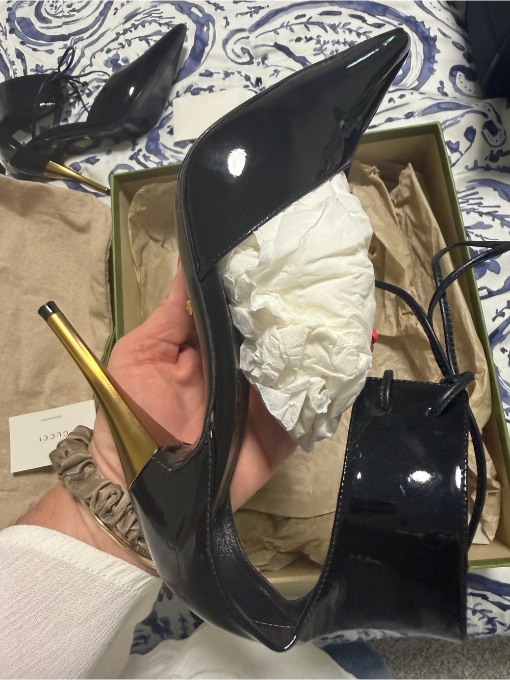 Gucci Black Patent Pointed Lace-Up Ankle Stilettos - Picture 9 of 11